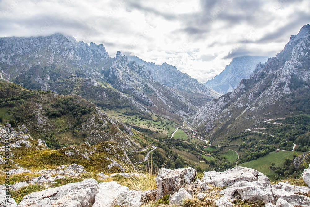 Fototapeta premium Sotres, Asturias / Spain »; Spring 2017: Mountain route of the Picos de Europa near the orange tree of the bulnes