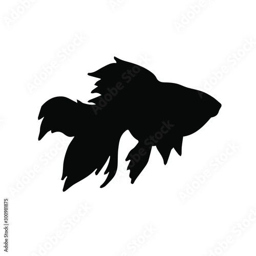 Vector flat black silhouette of golden fish isolated on white background