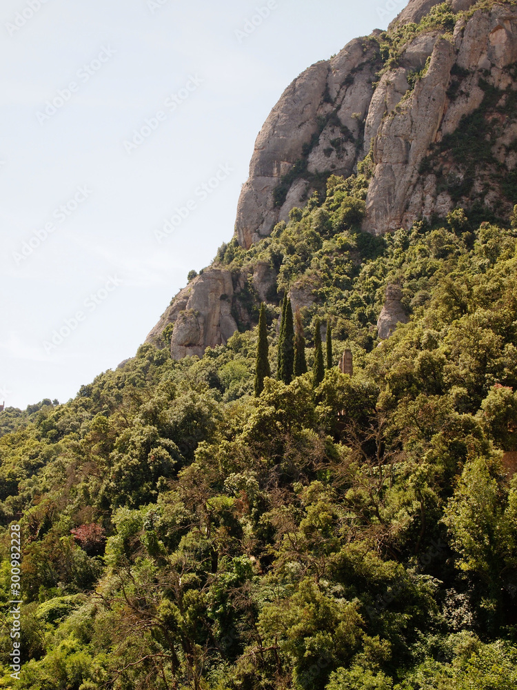 Rocky slopes of Montserrat, covered with dense vegetation.