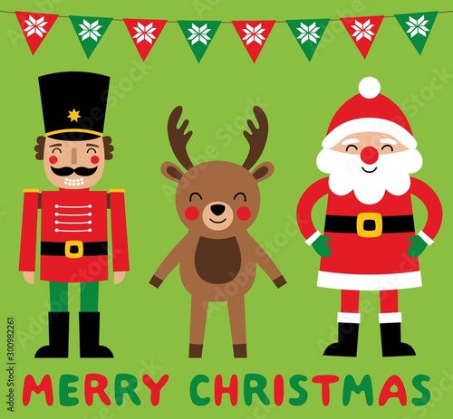 Christmas cartoon vector characters, Santa Claus, a deer, a nutcracker