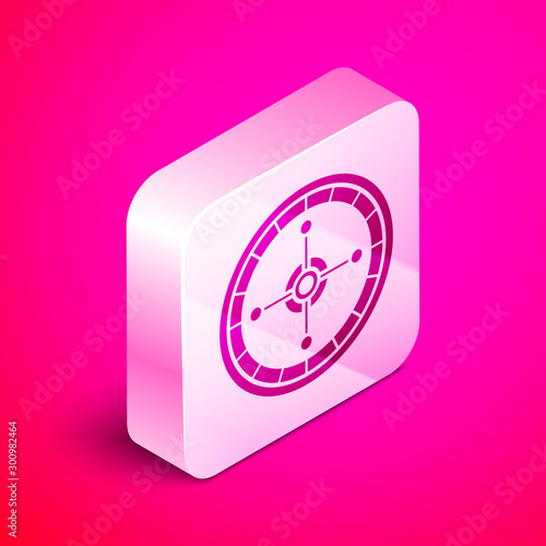 Isometric Casino roulette wheel icon isolated on pink background. Silver square button. Vector Illustration