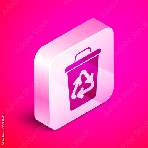 Isometric Recycle bin with recycle symbol icon isolated on pink background. Trash can icon. Garbage bin sign. Recycle basket sign. Silver square button. Vector Illustration