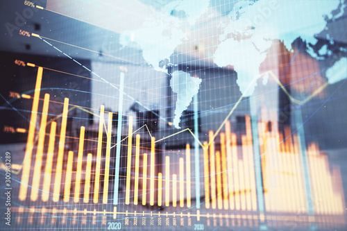 Stock and bond market graph and world map with trading desk bank office interior on background. Multi exposure. Concept of international finance © Andrey