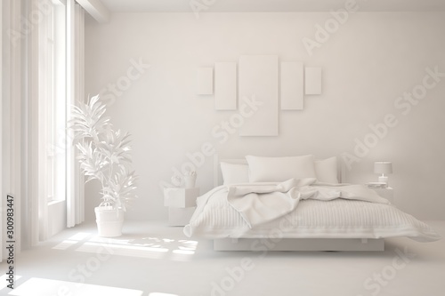 Modern bedroom in white color. Scandinavian interior design. 3D illustration © AntonSh