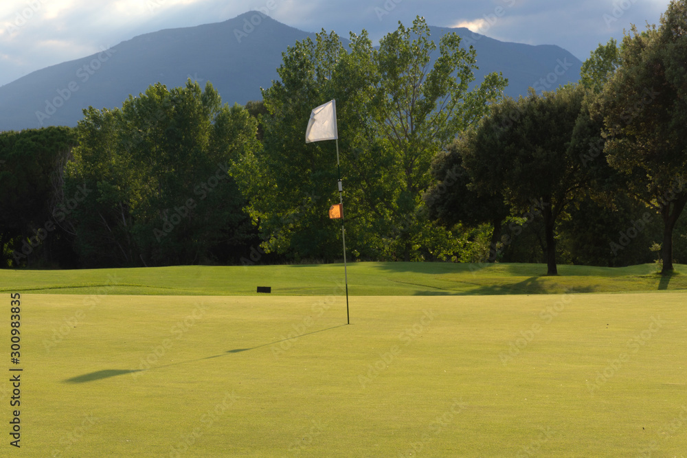 Obraz premium campo de golf. bandera y hoyo de un campo de golf