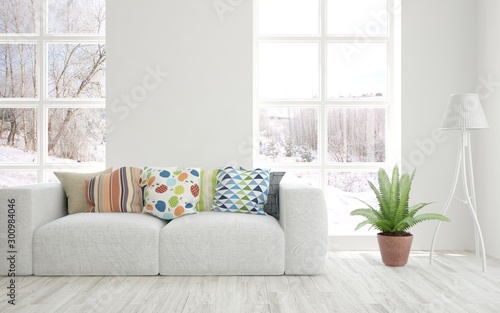 Stylish room in white color with sofa and winter landscape in window. Scandinavian interior design. 3D illustration