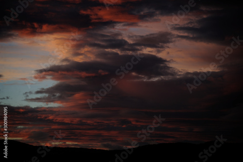 Storm clouds in the light of dawn on a dawn of early spring days. Vitoria-Gasteiz (Alava) Basque Country, Spain