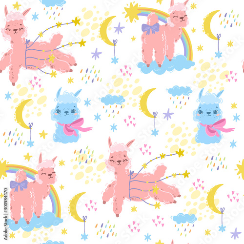 Vector magic pattern with alpaca. Sweet llama. Pink sheep or unicorn. Use for kids theme. Textiles, room, wallpaper, clothes print. Good night baby night print