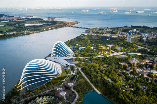 SINGAPORE - DECEMBER 01 2017: Aerial dusk view of Gardens by the bay flower domes near Marina bay. Gardens by the bay was crowned world building of year at world architecture festival 2012