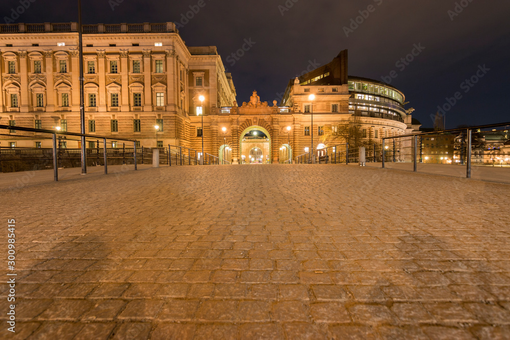 Wide angle view of the Stockholm parliament house access bridge at night, Stockholm Sweden 2019