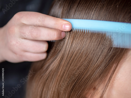 Girls making hair style, Brushing with blue comb light brown hair, Caucasian model.