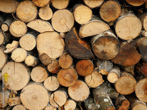 Raw firewood logs stacked for winter. Rural life and source of energy.