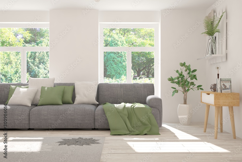 Stylish room in white color with sofa and summer landscape in window. Scandinavian interior design. 3D illustration Stylish room in white color with sofa and summer landscape in window. Scandinavian interior design. 3D illustration