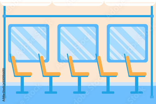 Public transport, interior furnishings. Tram car, bus with seats and windows. Vector flat illustration