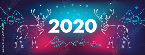 New Year's facebook site cover with deer, mountains and number 2020.  Wavy, geometric background, modern gradient, curved shape, in blue and red hues.