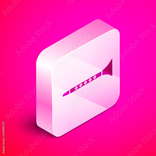 Isometric Clarinet icon isolated on pink background. Musical instrument. Silver square button. Vector Illustration