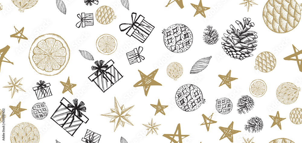 Fototapeta premium Christmas and New Year set, hand drawn illustration. 