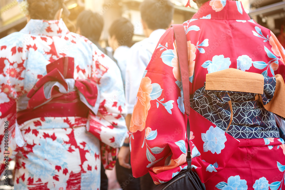 Fototapeta premium Woman in traditional japanese kimono walking at Kiyomizu temple ,Kyoto Japan