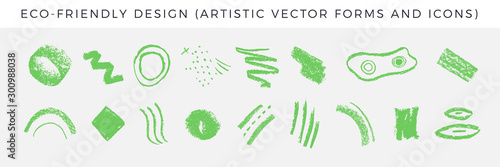Hand-painted organic products promotion — collection of signs, emblem design elements, bio logos, vector eco friendly icons — green thinking. Vegan, raw, healthy food, tags set, products packaging.