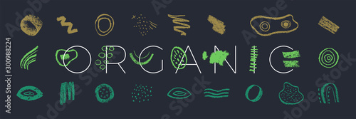 Hand-painted organic products promotion — collection of signs, emblem design elements, bio logos, vector eco friendly icons — green thinking. Vegan, raw, healthy food, tags set, products packaging.