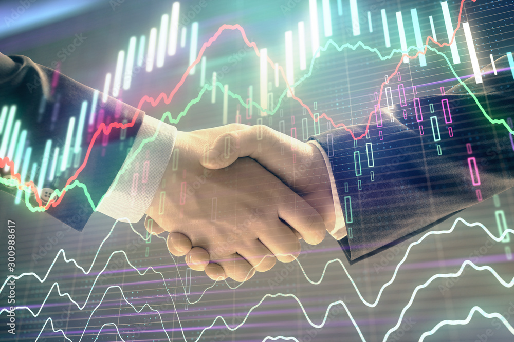 Multi exposure of forex graph on abstract background with two businessmen handshake. Concept of success on stock market Multi exposure of forex graph on abstract background with two businessmen handshake. Concept of success on stock market