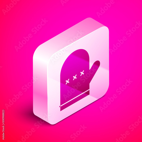 Isometric Oven glove icon isolated on pink background. Kitchen potholder sign. Cooking glove. Silver square button. Vector Illustration
