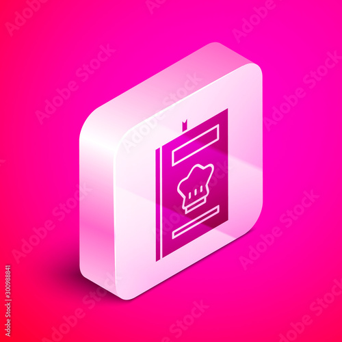 Isometric Cookbook icon isolated on pink background. Cooking book icon. Recipe book. Fork and knife icons. Cutlery symbol. Silver square button. Vector Illustration