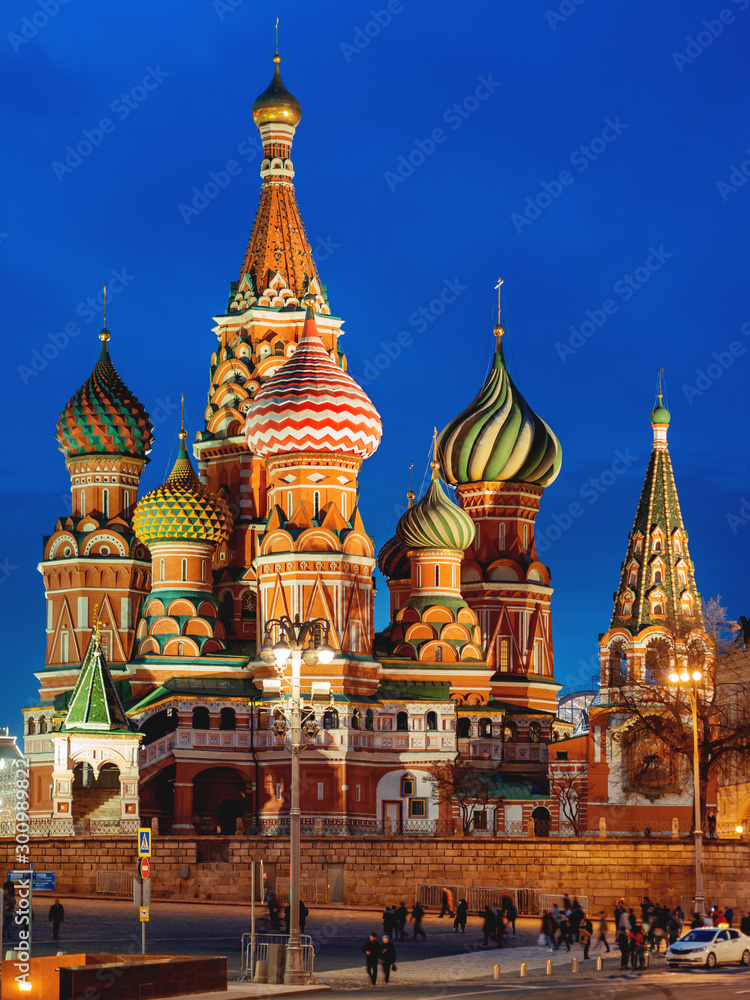 Famous landmarks - St. Basil Cathedral on Red square in Kremlin. Moscow, Russia.