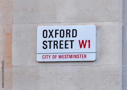 Oxford street in City of Westminster sign, London, UK