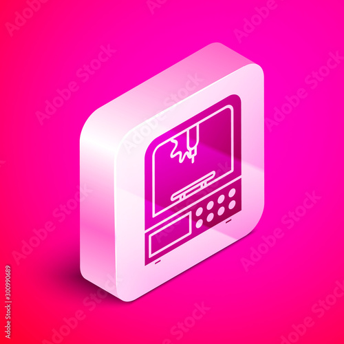 Isometric 3D printer icon isolated on pink background. Silver square button. Vector Illustration