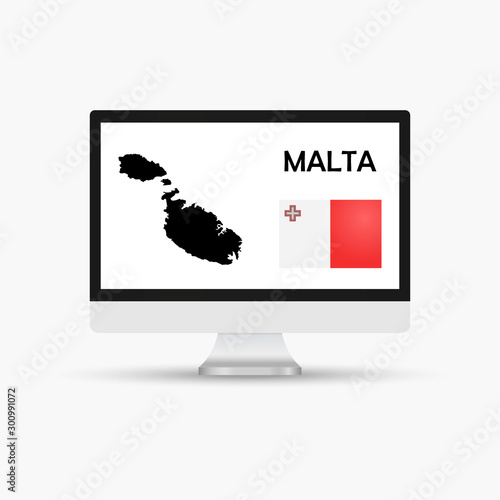 Computer monitor with a flag and map country Malta.
