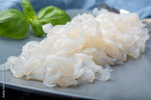 White konjac shirataki noodles, gluten free and no fat diet vegetarian and vegan Asian food photo