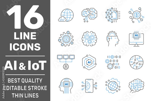 Artificial Intelligence and IoT thin icons set. AI, Iot, IIoT, F