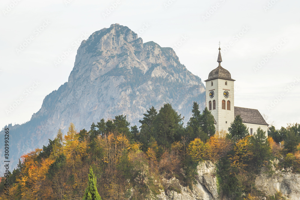 Traunkirchen, church on top of the hill on Traunsee lake, Austria
