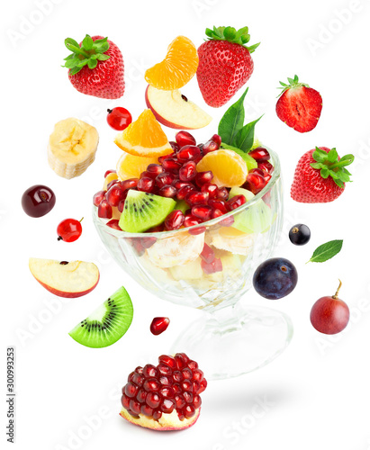 Mixed fruits on white background. Fruit salad.