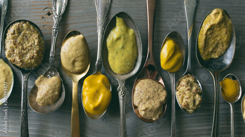 Several types of mustard shown in spoons on a wooden background. 