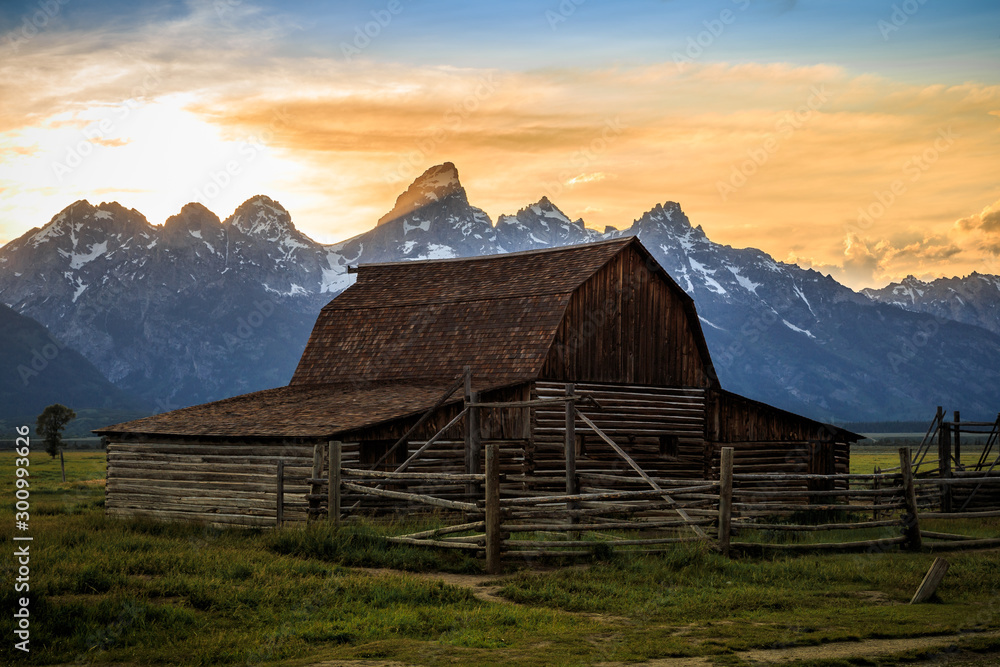 Sunset Over Famous Barn at Grand Teton National Park