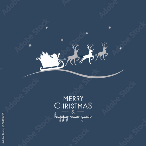 Design of Christmas greeting card with with cartoon Santa Claus and reindeers. Vector.