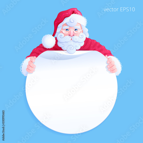 Happy Santa Claus holds a round price tag with a copy space. New Year's character in a red costume. Blank vector sticker for printing on paper or white cardboard. Original template for Christmas sales