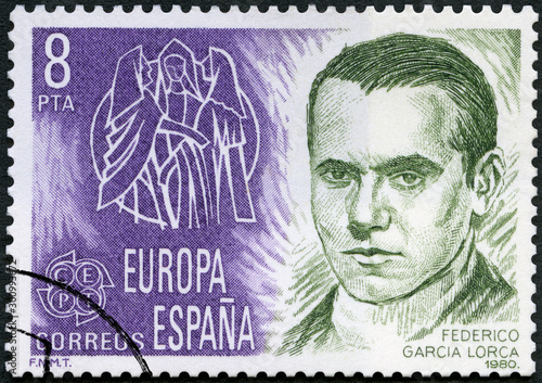 SPAIN - 1980: shows Federico del Sagrado Corazon de Jesus Garcia Lorca (1899-1936), Spanish poet, Europa, 1980 photo
