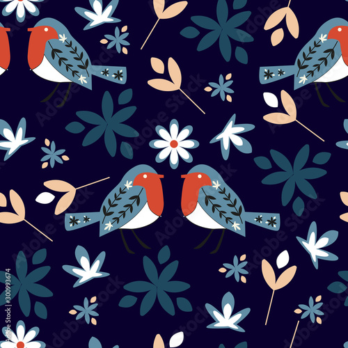 Winter pattern with bullfinches and flowers on a blue background. Seamless vintage floral texture in scandinavian style for fabric, tile, wallpaper.