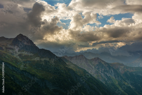 Wonderful views of the mountains in the Swiss Alps with backpackers. 