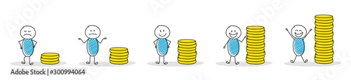 Collection of cartoon people with coin stacks. Vector