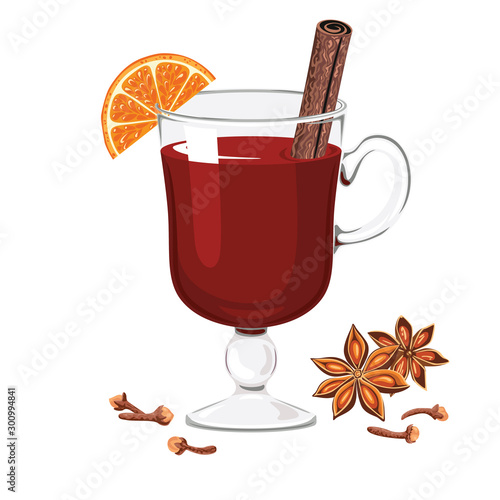 Mulled wine in glass cup Isolated on  white background. Vector illustration of hot winter drink, orange slices, cinnamon sticks and  cloves in cartoon simple style.