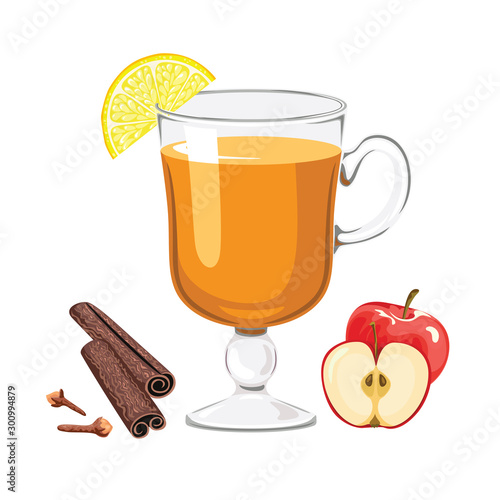 Apple punch isolated on white background. Hot traditional alcoholic drink in glass cup with apple, lemon, cinnamon sticks and cloves. Vector illustration of winter drink in cartoon flat style.