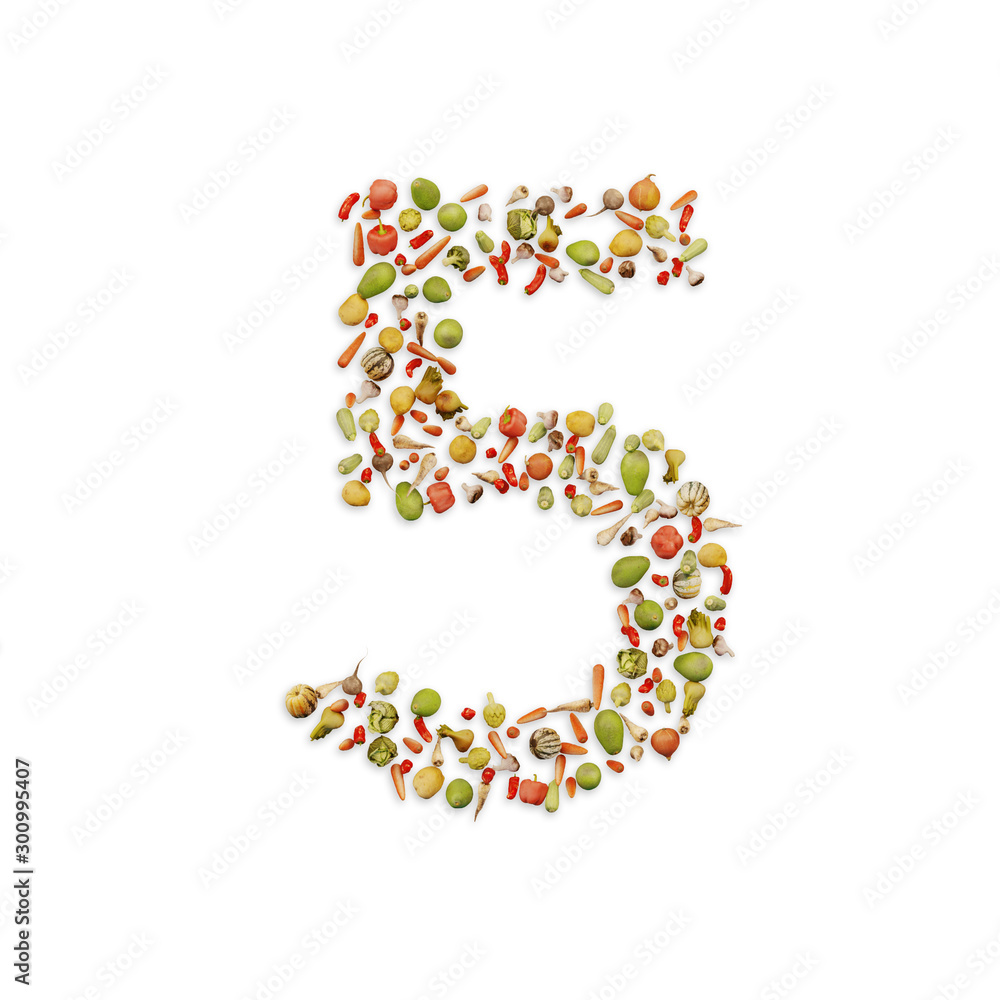 Vegetarian ABC. Vegetables on white background	forming number 5