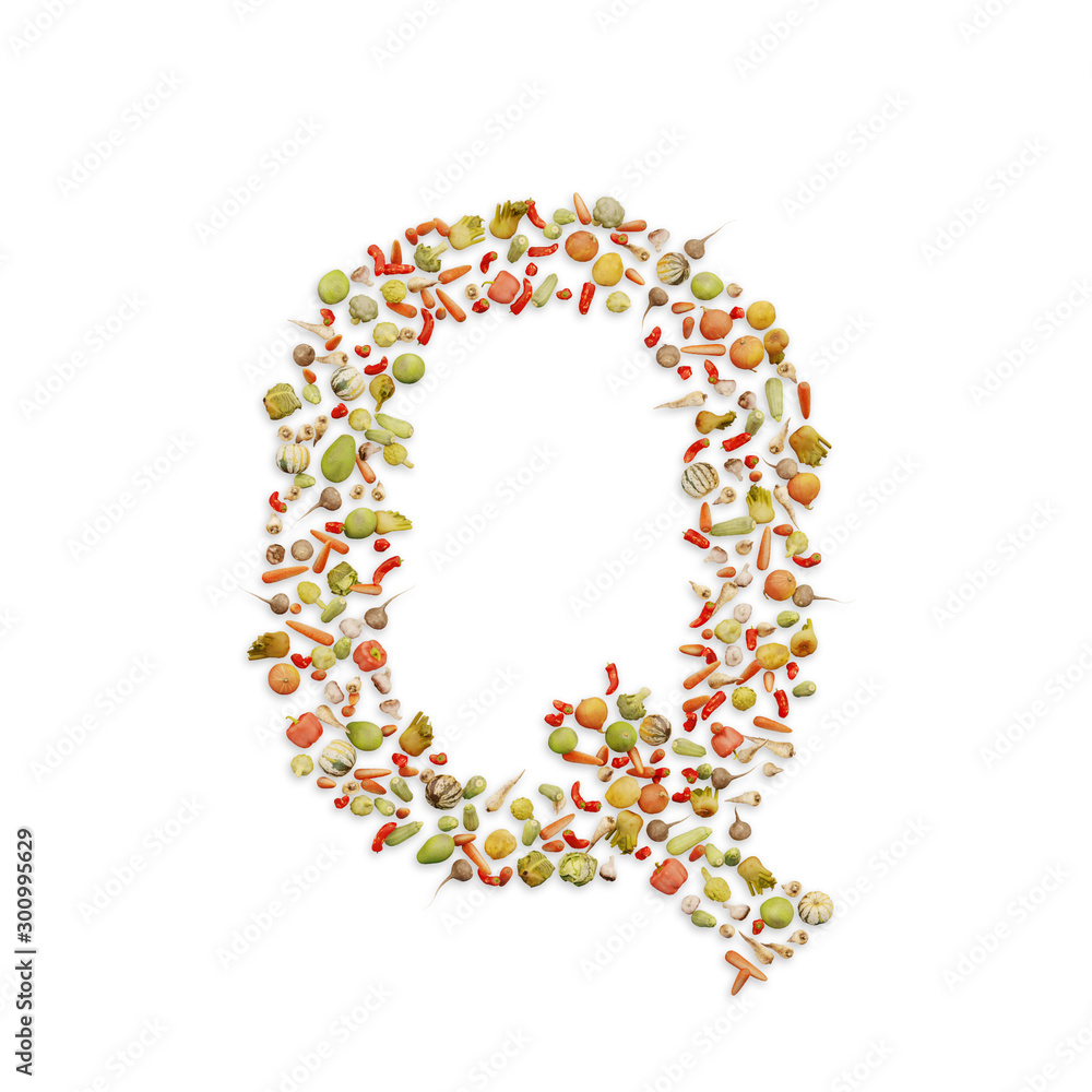 Vegetarian ABC. Vegetables on white background	forming letter Q