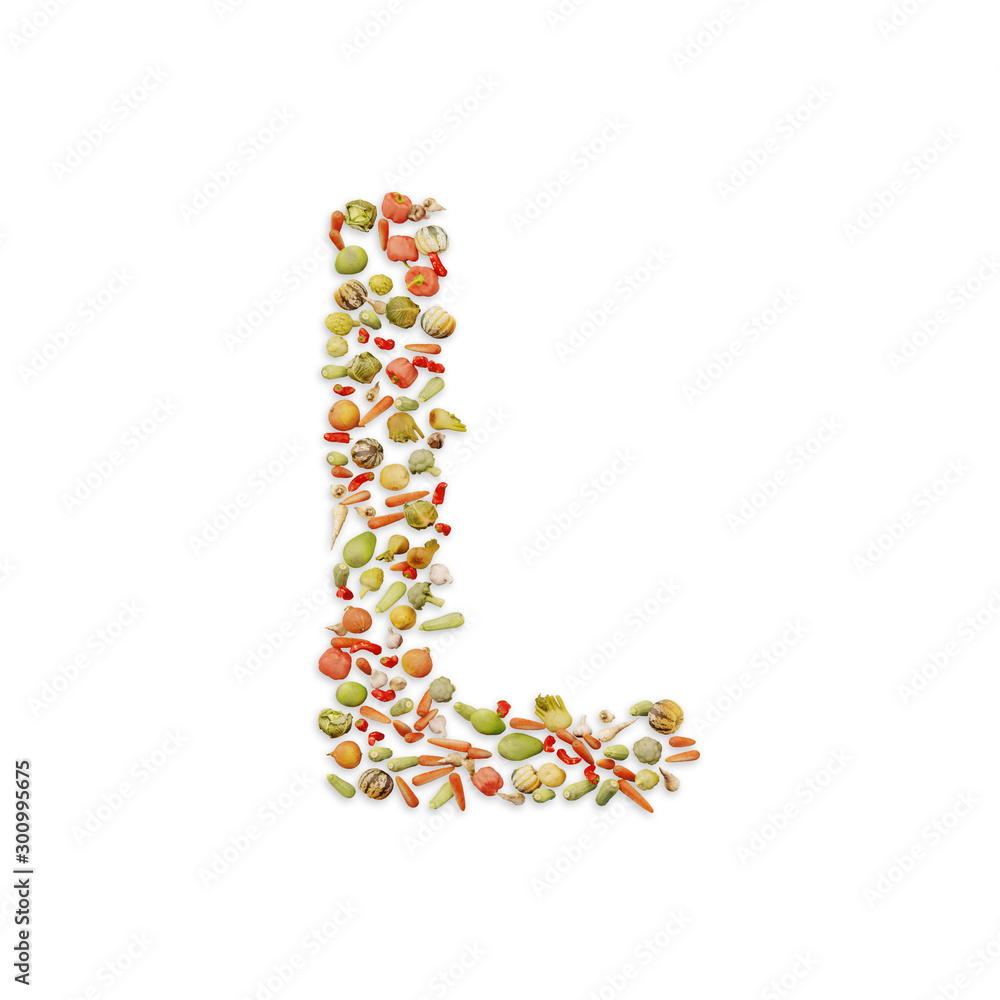 Vegetarian ABC. Vegetables on white background	forming letter L