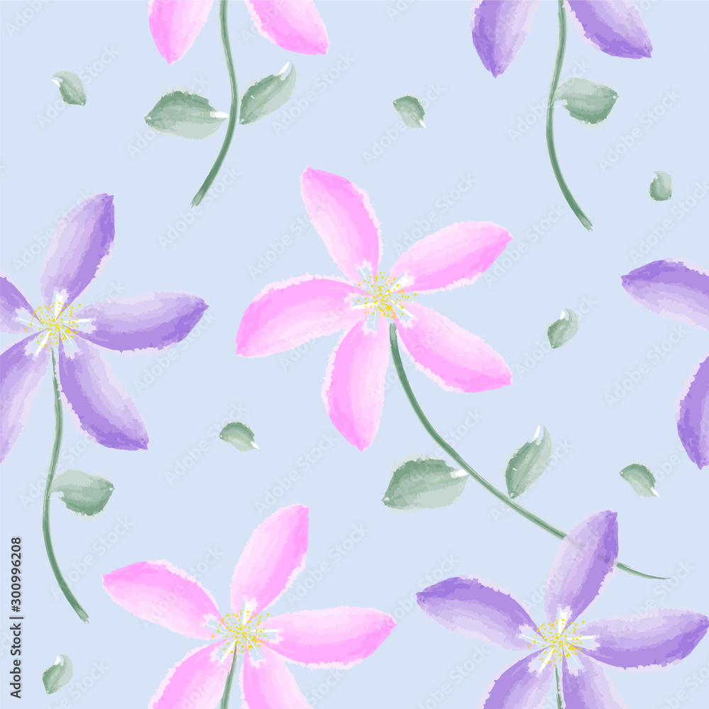 Floral seamless pattern. Classic blooming leaves decorative floral, seamless texture. Gentle wild pink and violet flowers isolated on white light blue background. Watercolor hand drawn eps 10 vector