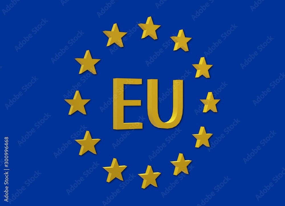 3D Illustration. The Flag of Europe or European Flag. EU symbol. A circle of twelve five-pointed yellow stars on a blue field with depth and perspective. 3D Illustration. The Flag of Europe or European Flag. EU symbol. A circle of twelve five-pointed yellow stars on a blue field with depth and perspective.